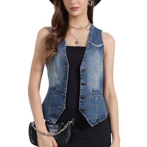 Denim Vest Sleeveless V Neck Washed Distressed Jean Jacket Gray Blue